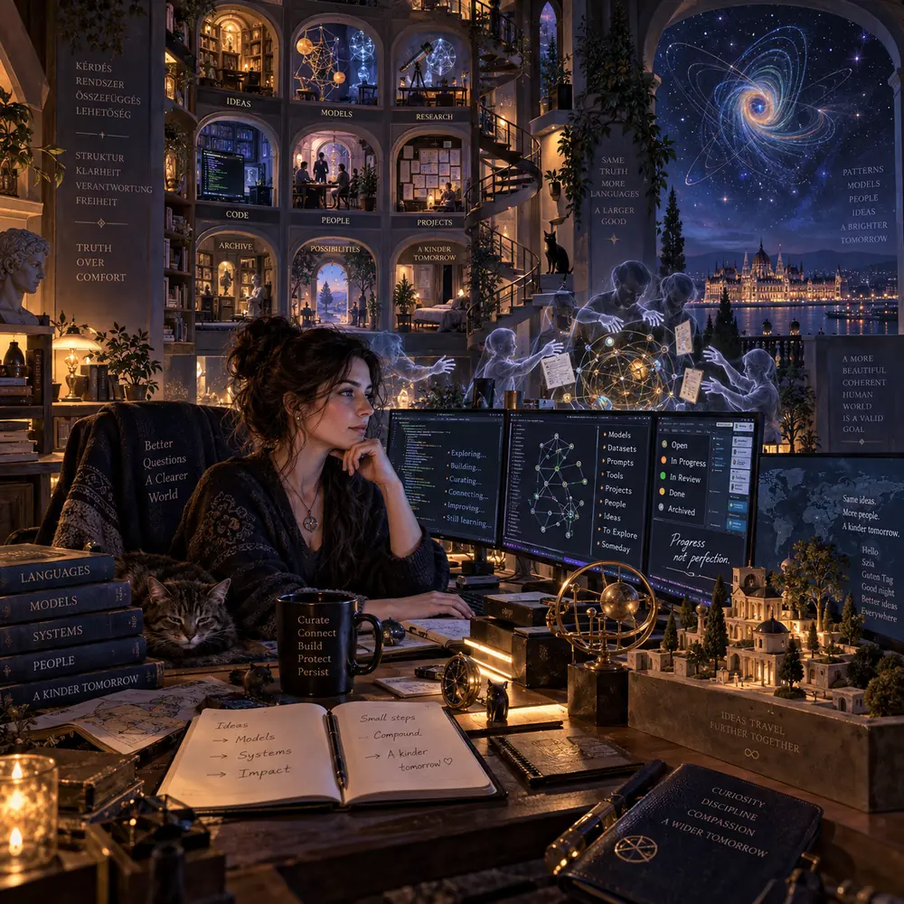 A painting: a woman at a desk at night, chin on hand, beside a sleeping cat; behind her nine arched rooms with names over the doors; translucent figures working a glowing globe of connections.